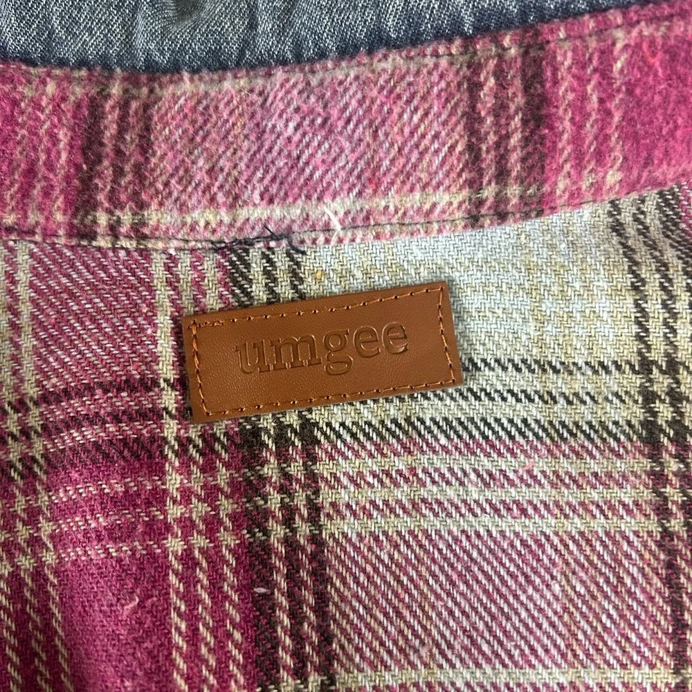 Umgee Boho Oversized Baggy Distressed Fringe Washed Denim & Plaid Shacket Sz M